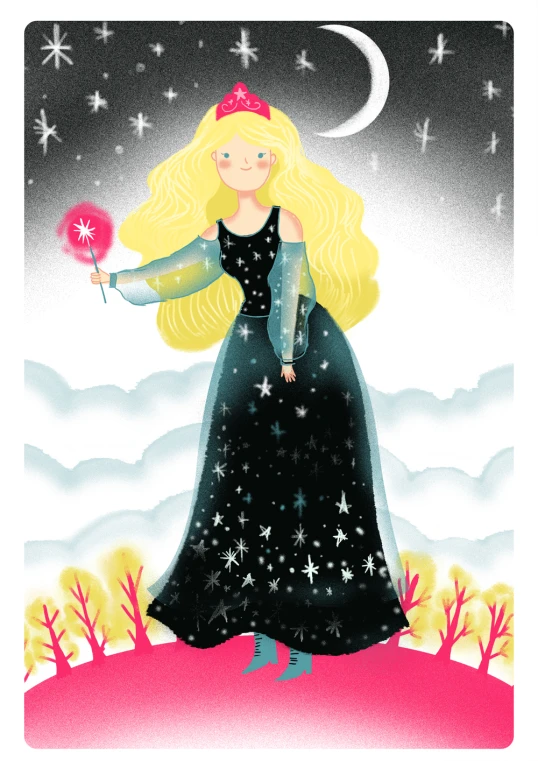 a girl in a black dress holding a star ball