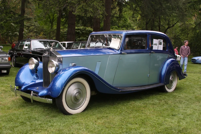 a classic blue car parked on top of a lush green field