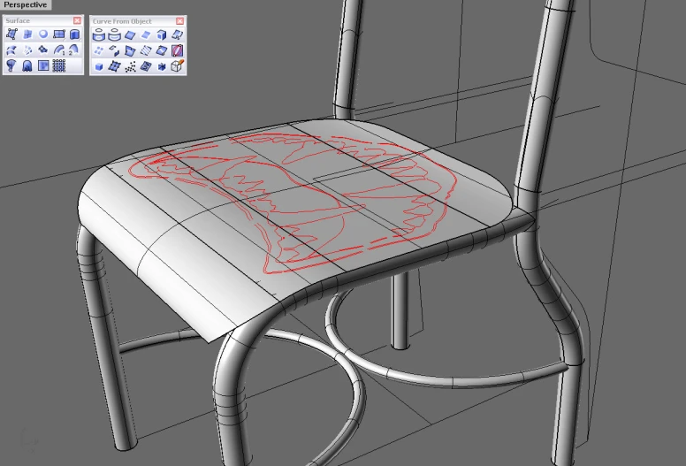 a computer generated chair with a red line drawing on it