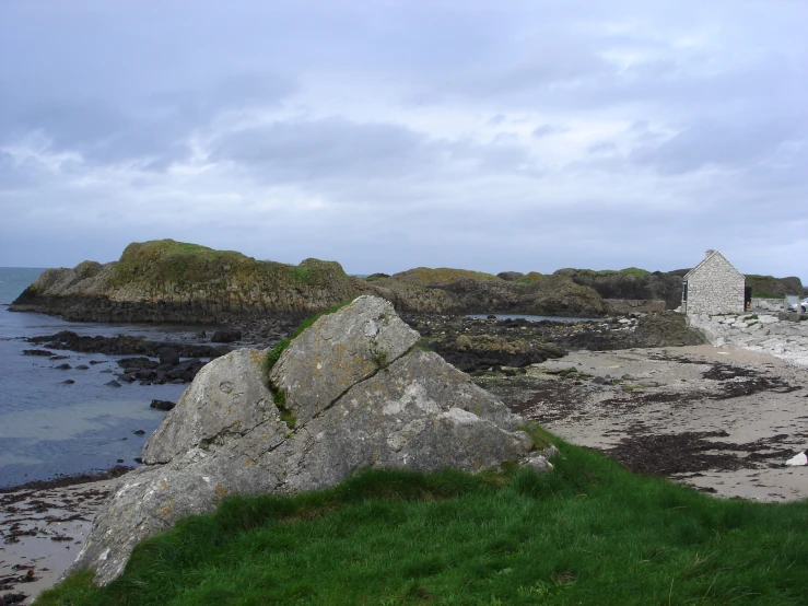 a rocky beach area with a rock, grass and water