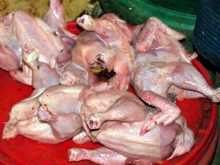 several chicken cuts and whole chickens in a bowl