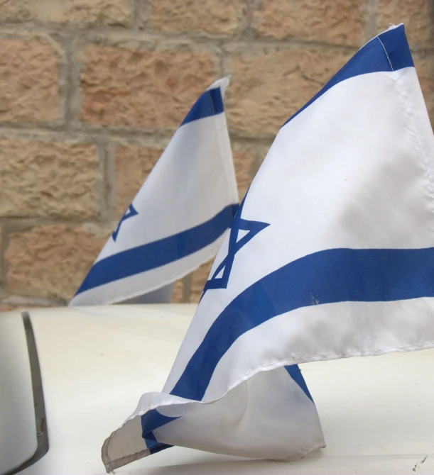 two flags that are sitting on a car