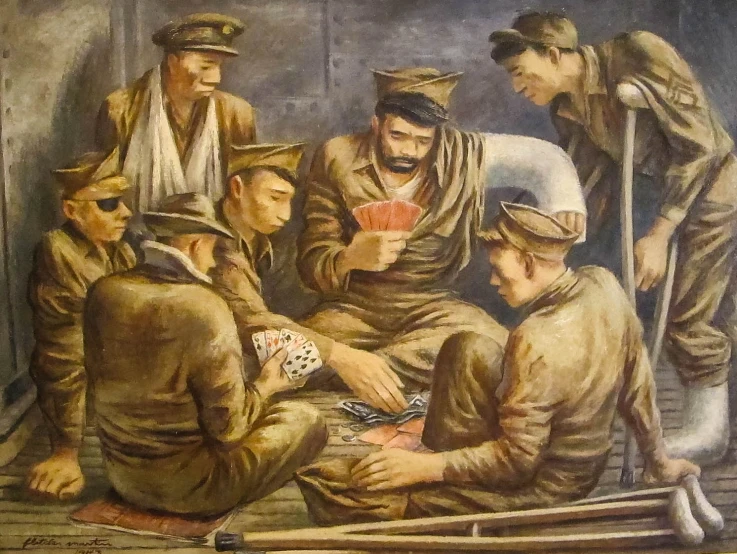 a painting of men are playing cards together