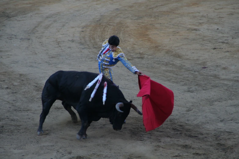 a man dressed in costume with a bull during a rodeo