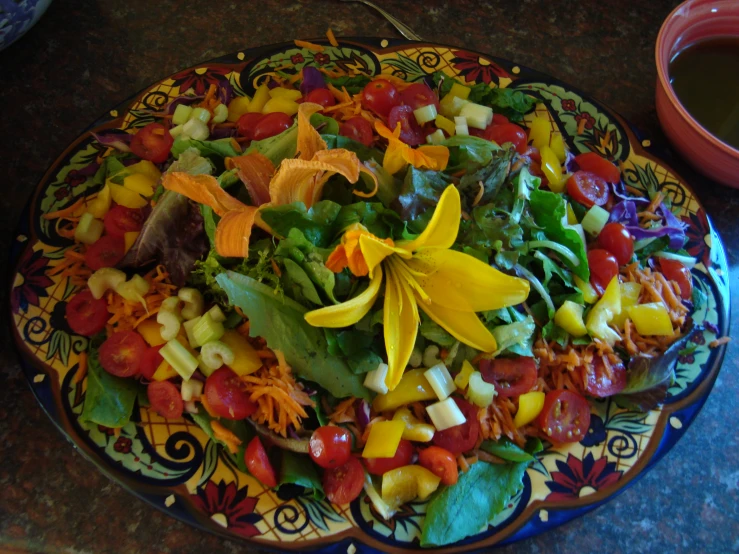 a colorful plate with fresh cut vegetables and greens