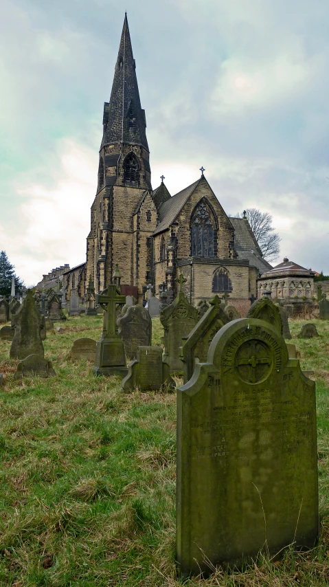 a grassy cemetery in front of a gothic church