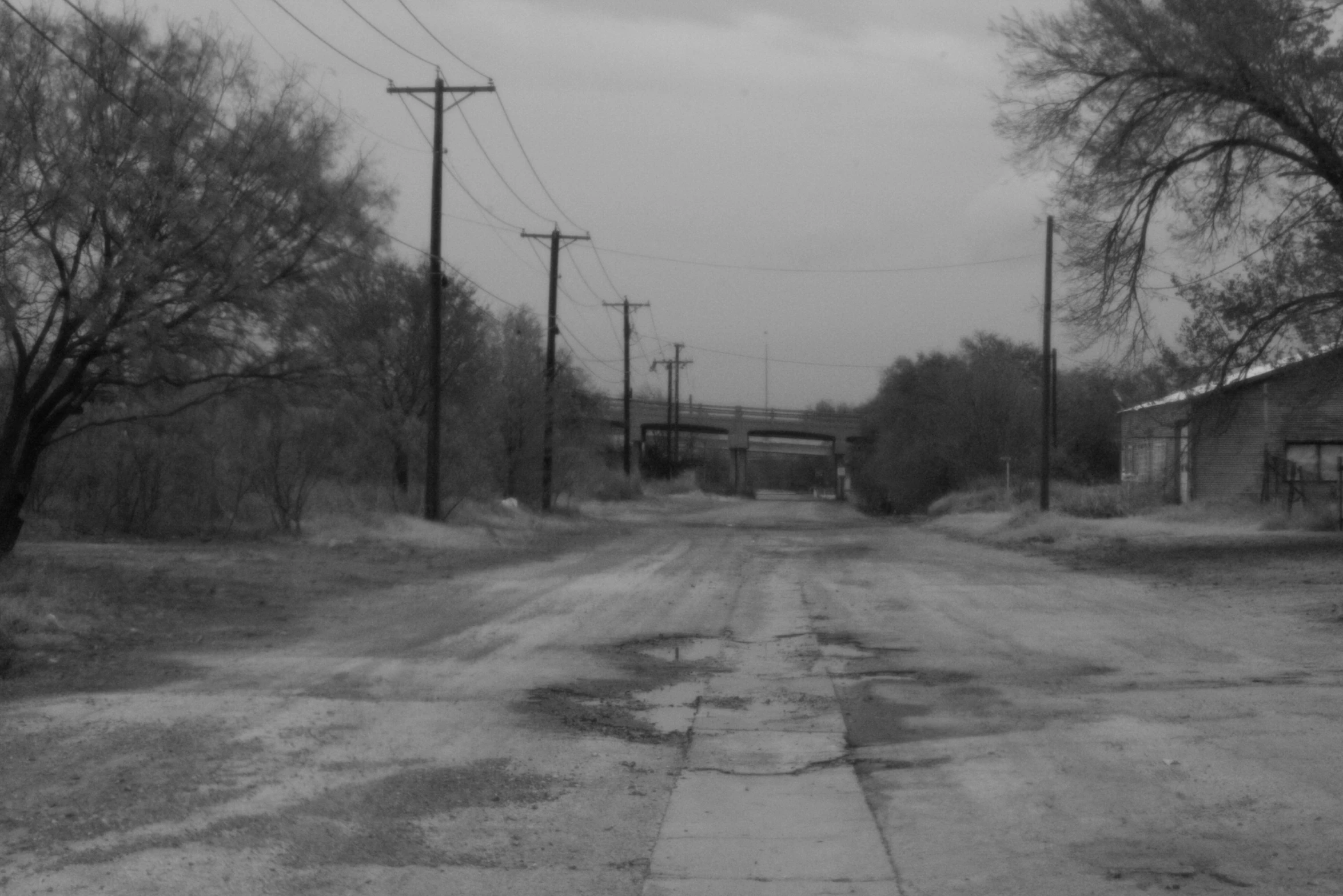 a black and white po of a dirt road