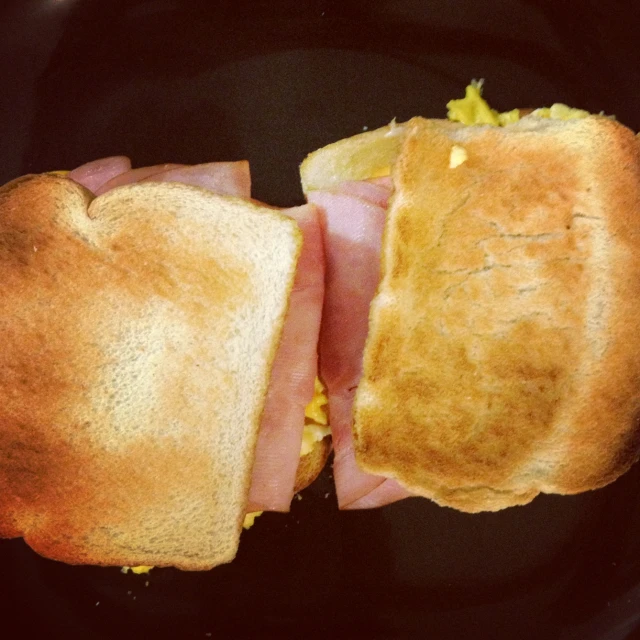 a close up of a toasted sandwich with ham