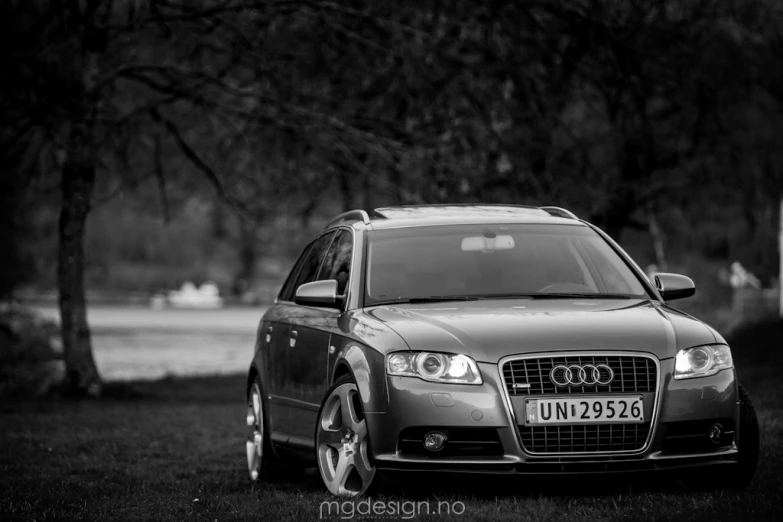 the front view of a grey car parked by some trees