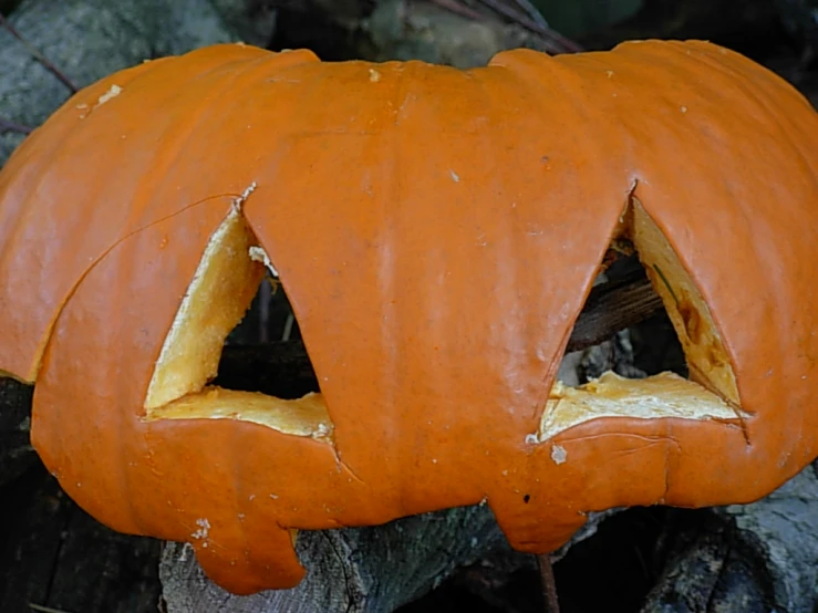 an orange pumpkin with two faces cut out of it