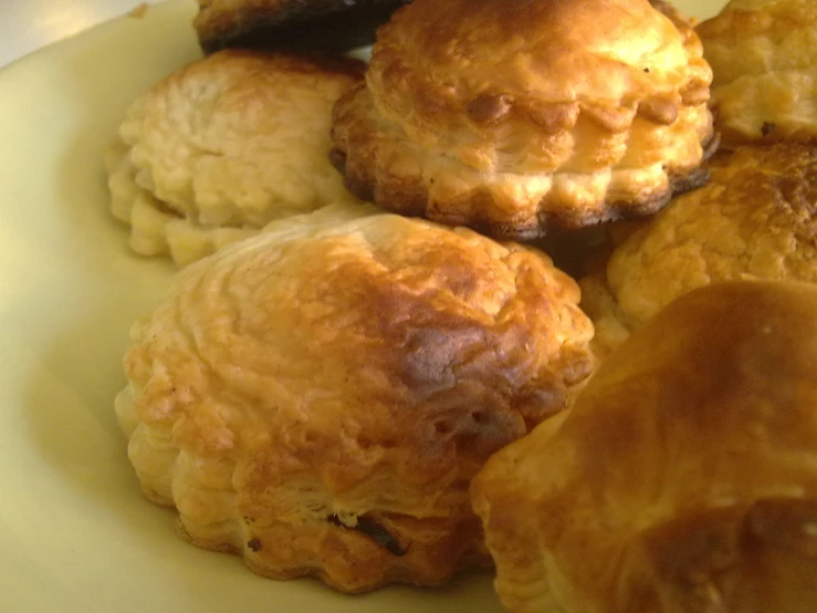 several biscuits with brown topping on a white plate