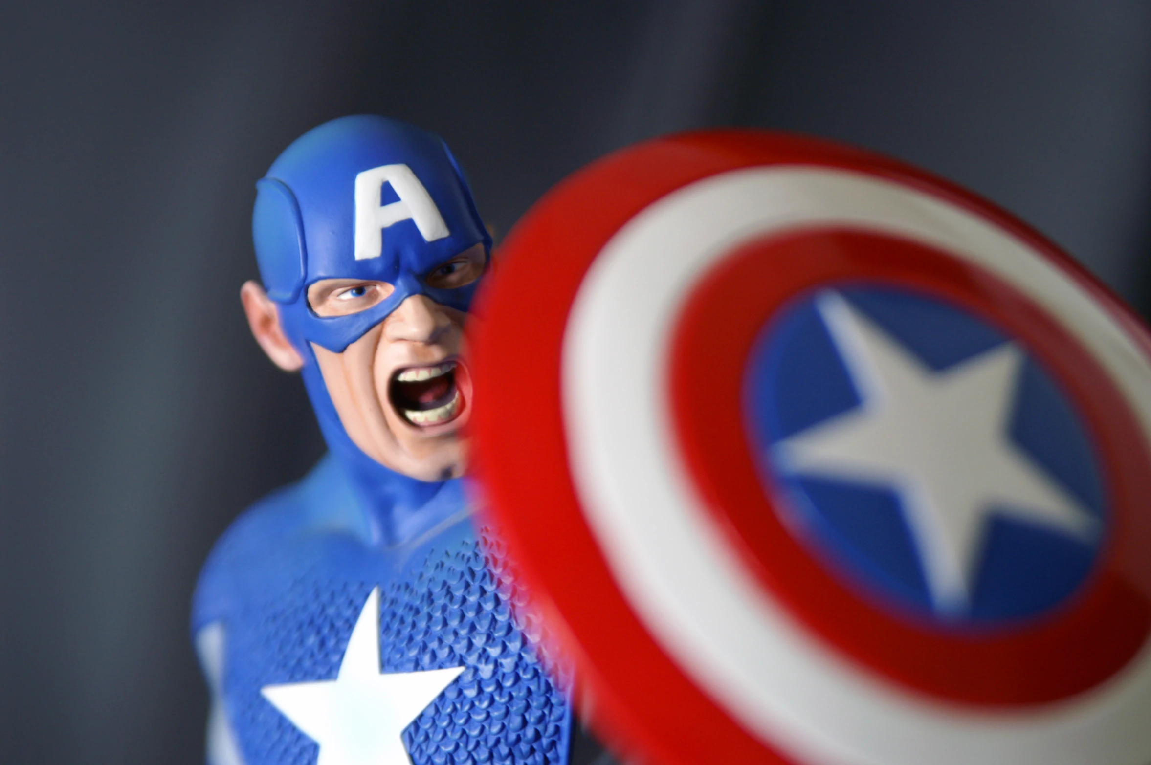captain america busturine with open mouth and a shield