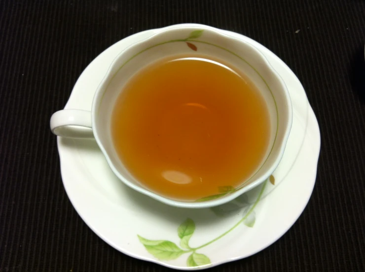 a tea cup with green leaves sits on the saucer