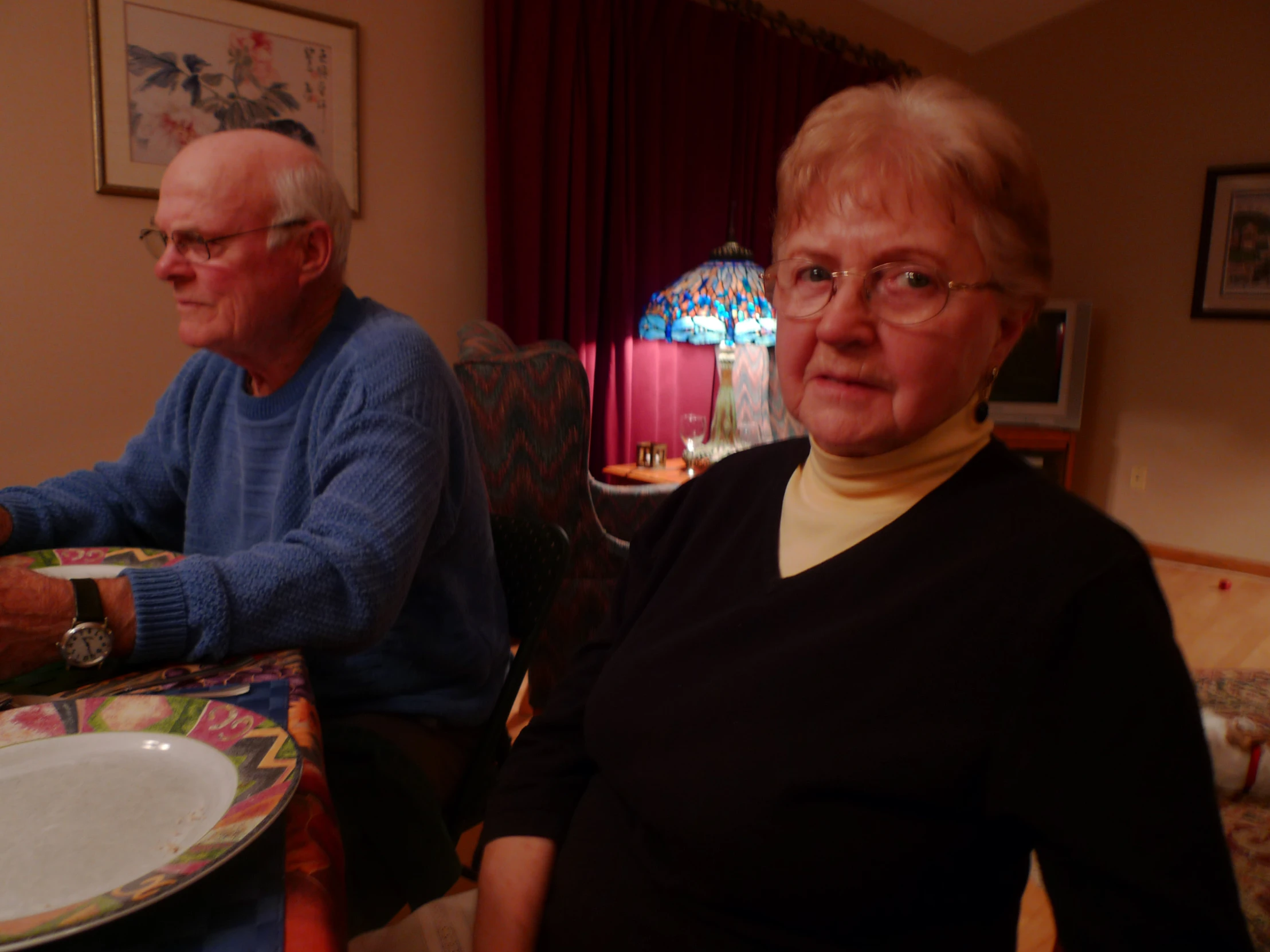 an elderly couple sits together at a dining room table