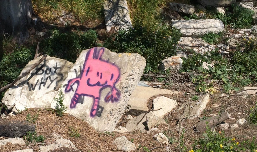 graffiti on a rock with a large rock face in the background