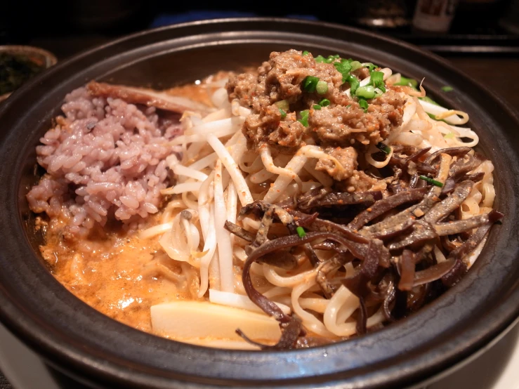 noodles and meats sitting in a bowl together