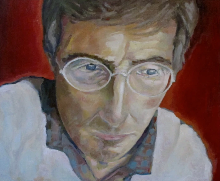 painting of man with glasses and a tie by himself