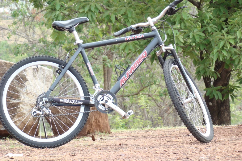 a bicycle parked by a large log in the woods