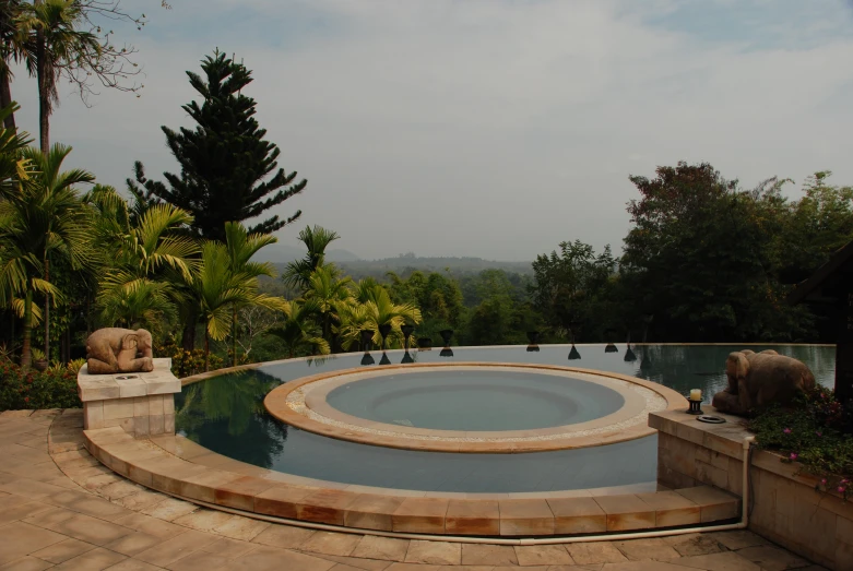 some elephants and bushes near a pool with a fence