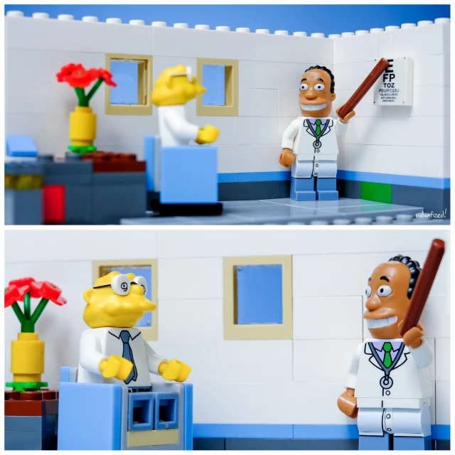 two pos of lego simpsons characters, one with a tennis racket in hand