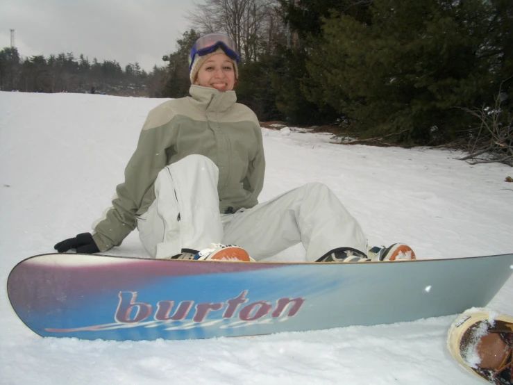 a woman sitting on the ground with a snowboard in her hands