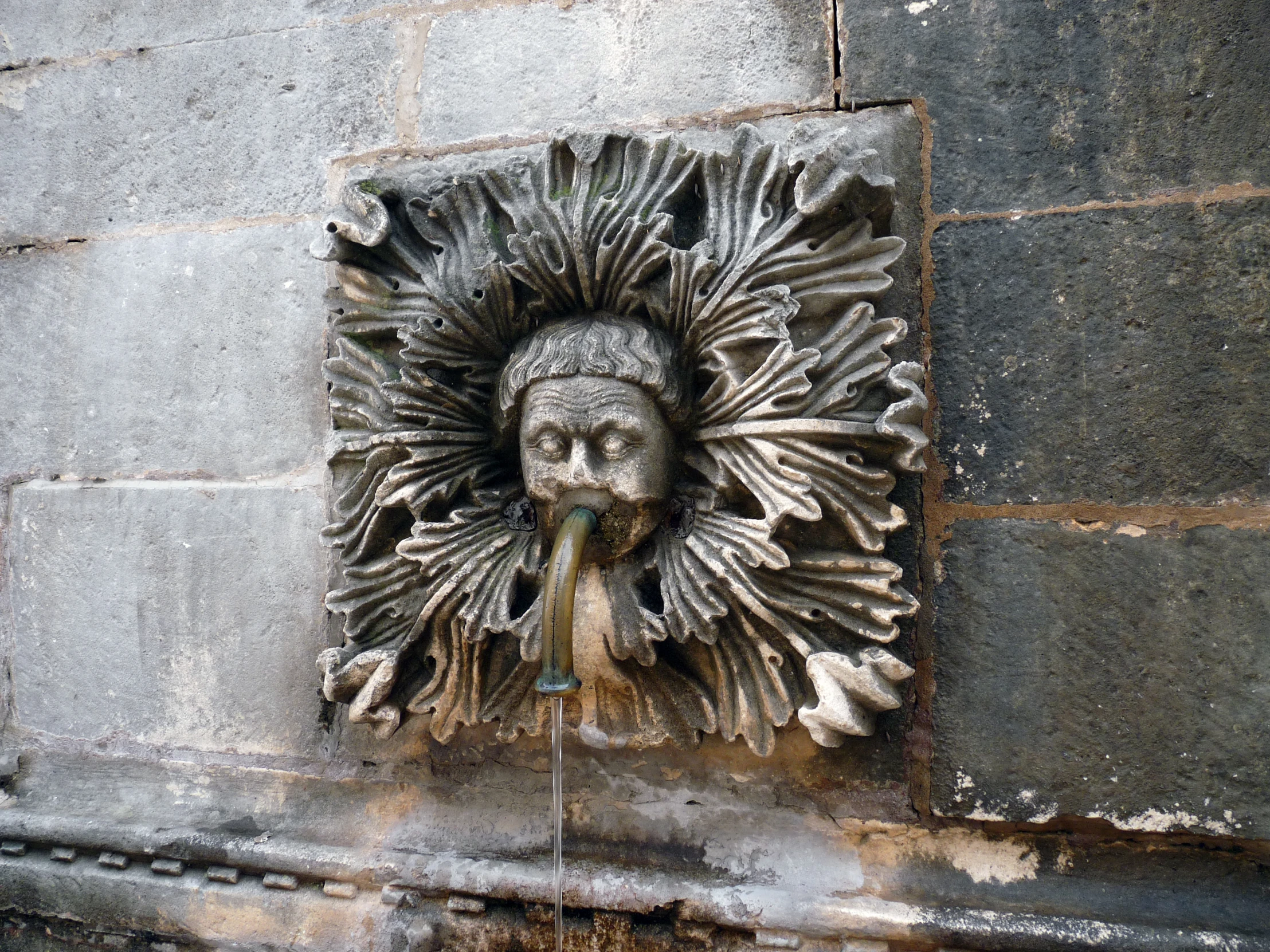 a head with an ornate bird like decoration on the side of a building