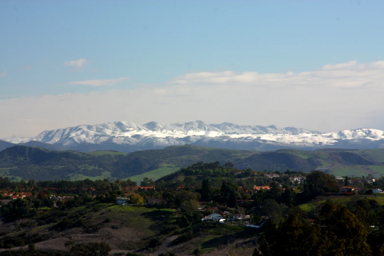 snow capped mountains are behind some green grass and trees