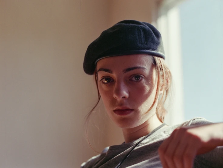 a woman in a cap posing for a po