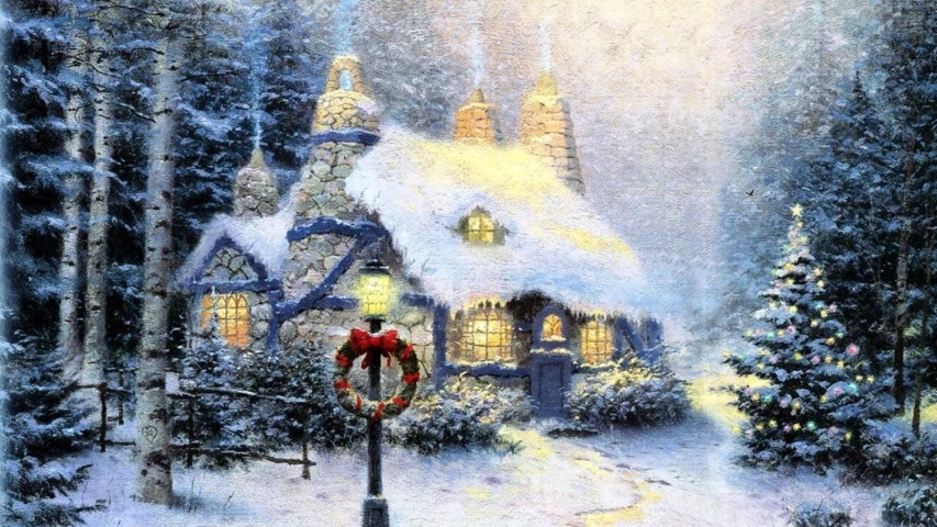 a christmas scene with a house in the snow