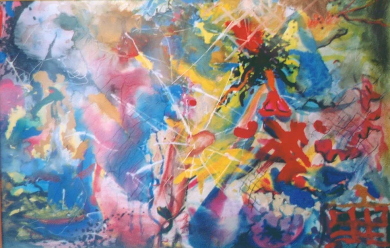 this painting is made up of colorful, splatkled and brush strokes