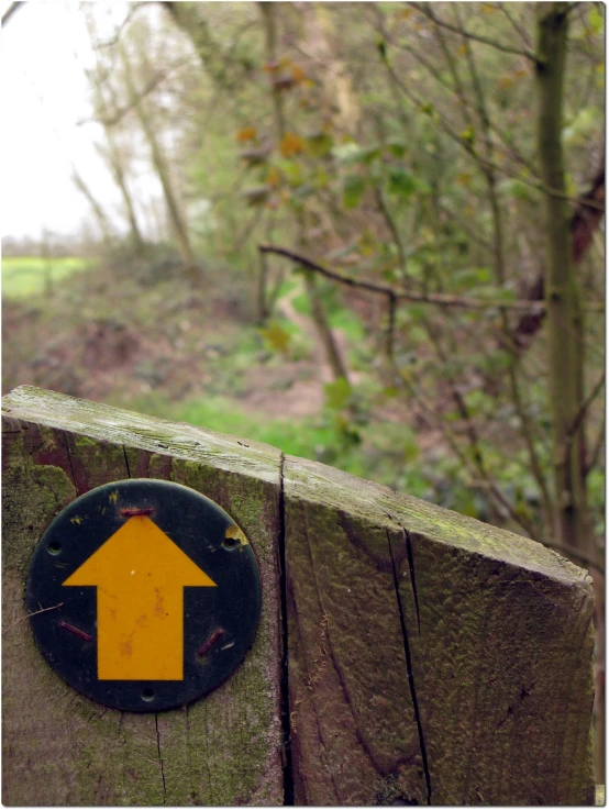 yellow arrow painted on the wooden fence post