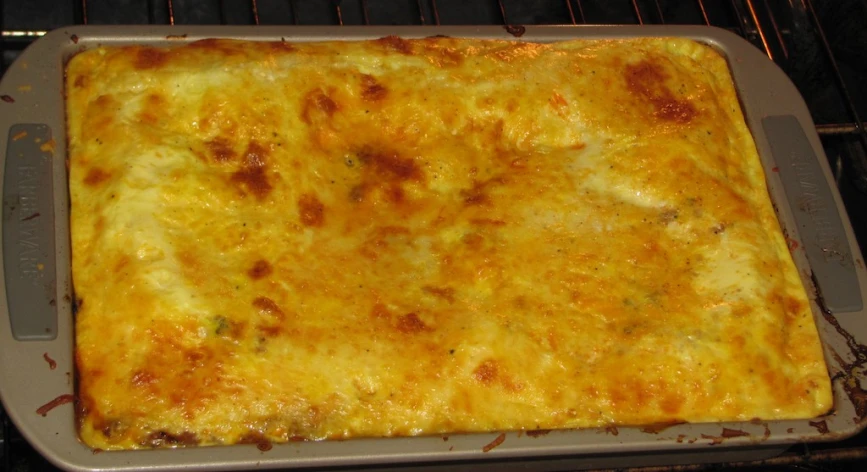 a square casserole dish inside of a oven