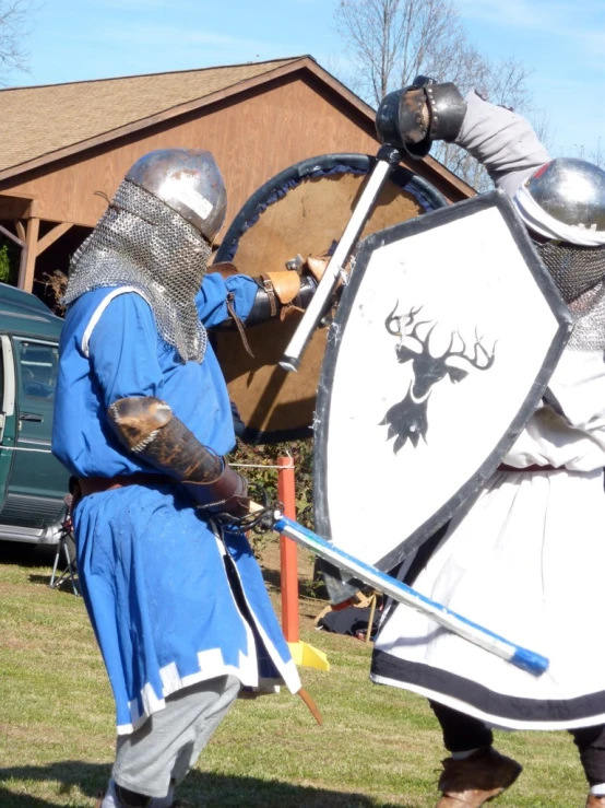 two knights dressed in armor, holding shields and shield