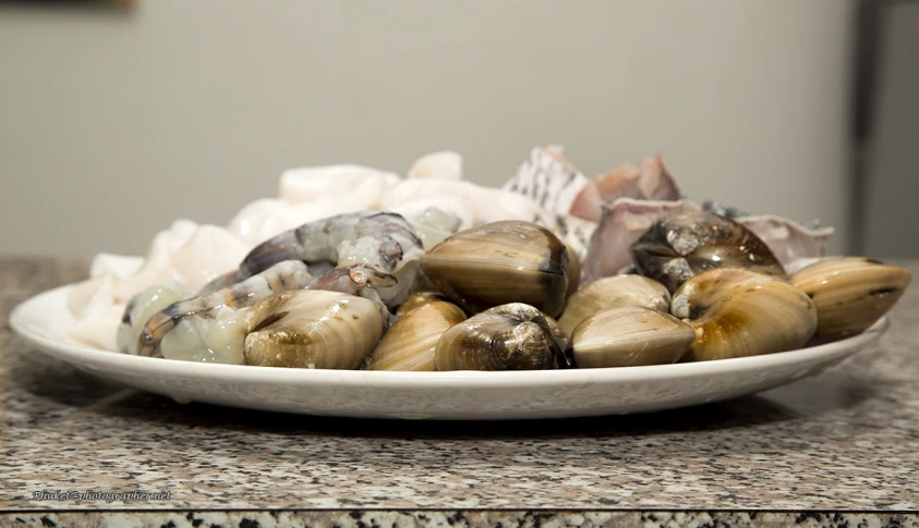 a bowl of sea shells on top of a marble counter