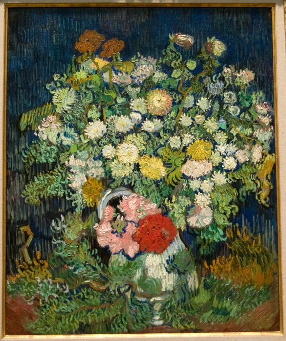 an oil painting on canvas of flowers in a vase