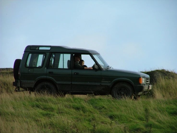 a black truck in grassy field with people