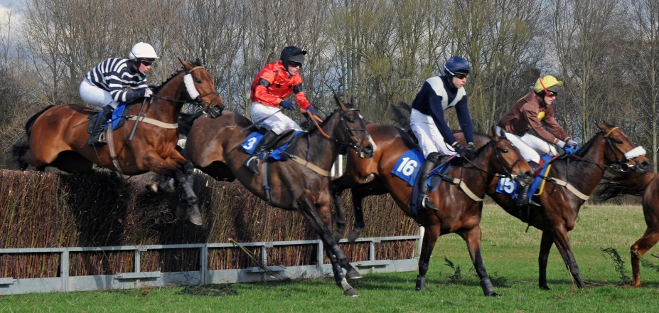 three jockeys are racing their horses during a race