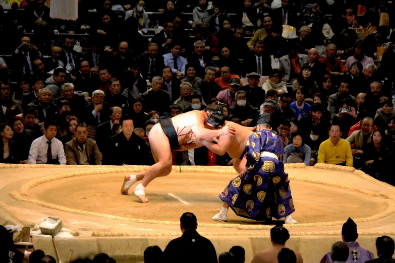 two sumo wrestlers performing a competition in front of a crowd