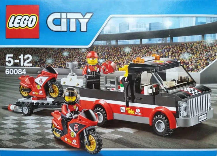 a box of lego city motorcycles and car toys