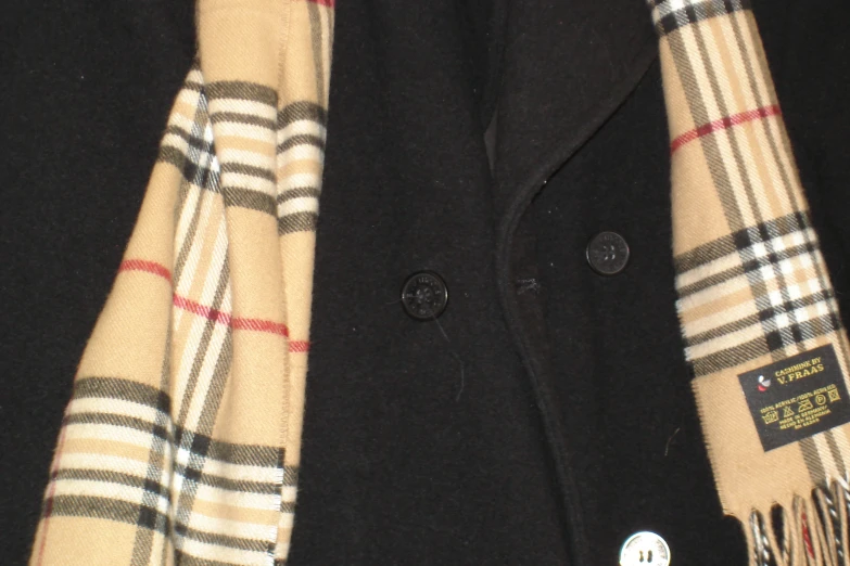 a pair of plaid scarves hanging on a coat