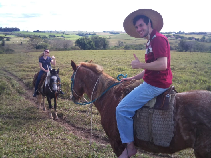 two people sitting on horses in a grassy field