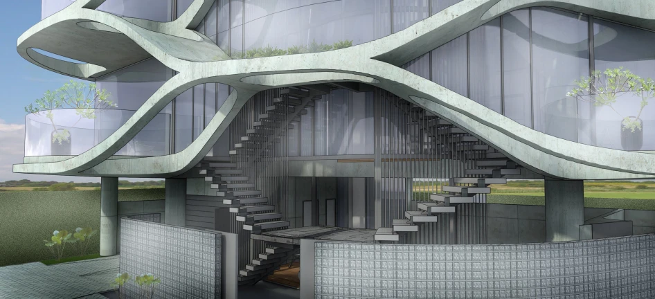 a futuristic office building with curved stairs in the front