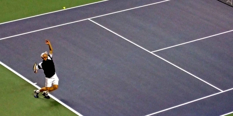 a man on a tennis court throwing his arm up in the air