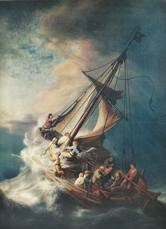 an old painting of a man in a boat in the ocean