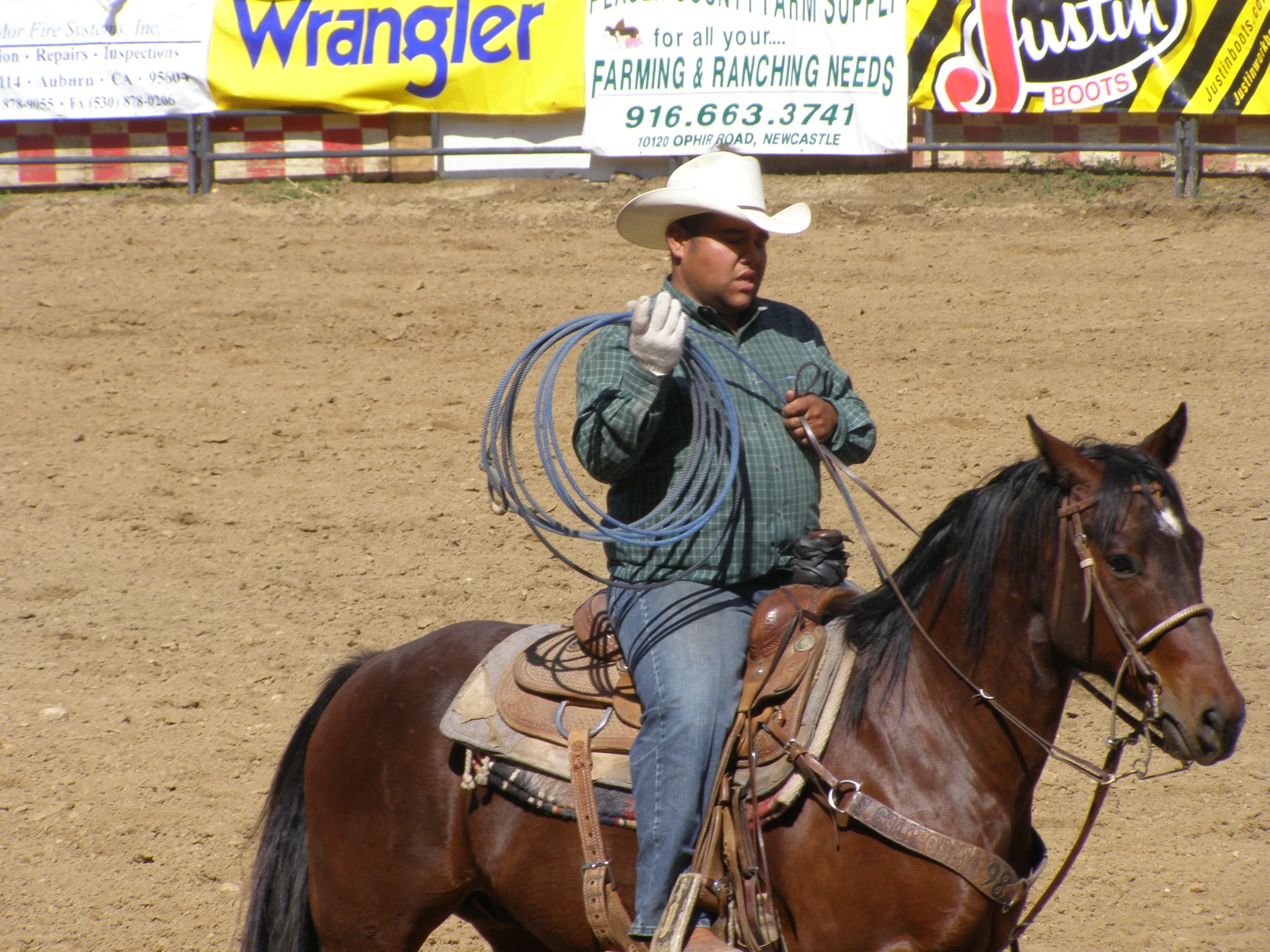 a man riding on the back of a brown horse