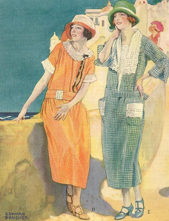 vintage women in orange dress and green hat by the sea