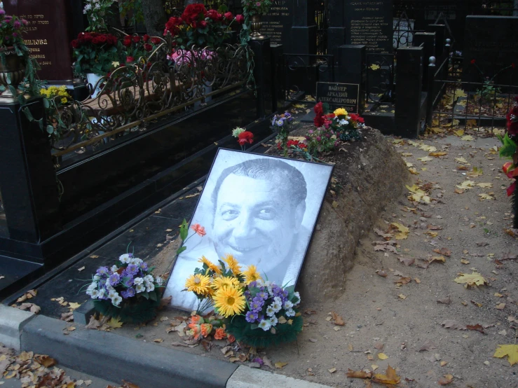 a memorial is surrounded by a cemetery of flowers and headstones