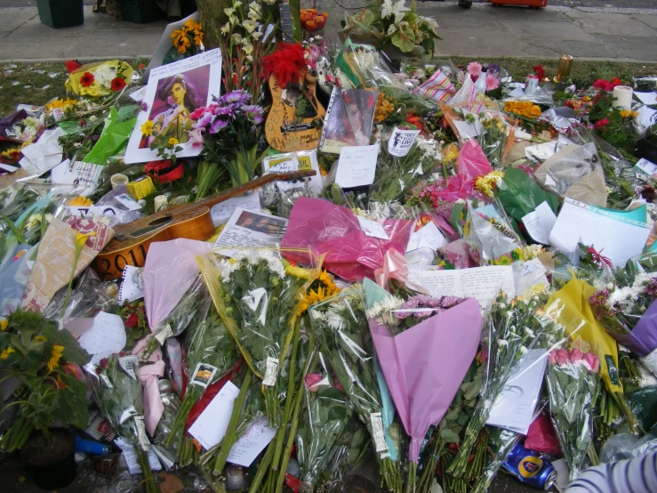 flowers and other decorations placed in the street