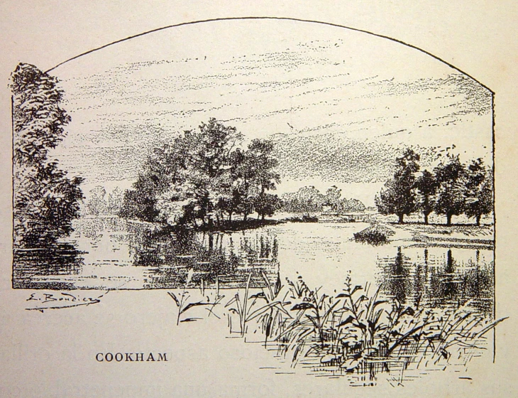 an old, engraved drawing of a lake