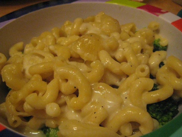 a bowl of macaroni and cheese with broccoli